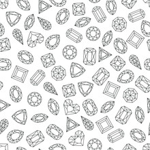 Vector Black White Seamless Pattern With Line Gems And Jewels. Linear Diamonds With Different Cut, Monochrome Background