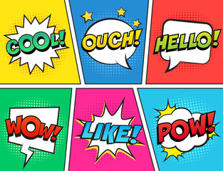 Wall Mural - retro comic speech bubbles set on colorful background. expression text ouch, cool, like, hello, wow,