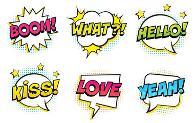 Wall Mural - retro comic speech bubbles set on white background. expression text boom, hello, what, yeah, kiss, l