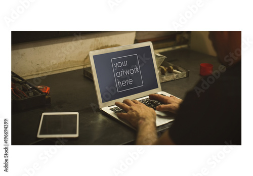 Download Mechanic Using Laptop Mockup 2 Stock Template Adobe Stock