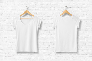 Wall Mural - Blank White Women's T-Shirt Mock-up on wooden hanger, front and rear side view. 3D Rendering. 