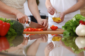 Closeup of human hands cooking in kitchen. Mother and daughter or two female cutting bell pepper for fresh salad. Healthy meal, vegetarian food and lifestyle concepts