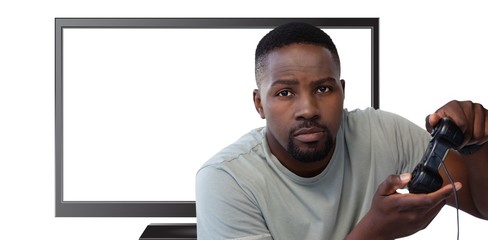 Poster - Composite image of man playing video game against white