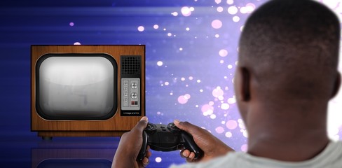 Poster - Composite image of man playing video game against white