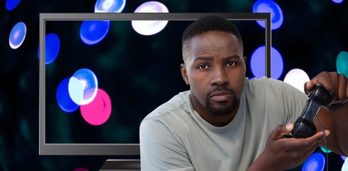 Poster - Composite image of man playing video game against white