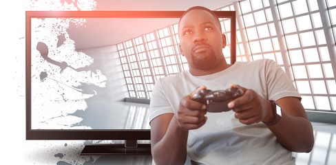 Poster - Composite image of man playing video game against white