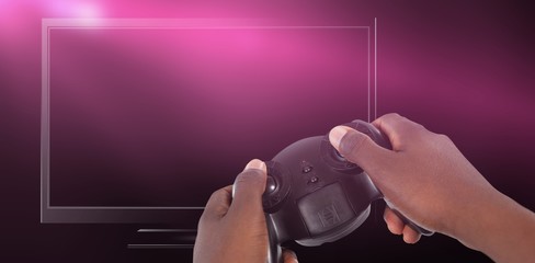 Canvas Print - Composite image of hand of man playing video game against white