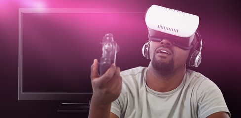 Poster - Composite image of man using virtual reality headset and playing