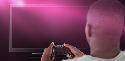 Poster - Composite image of man playing video game against white
