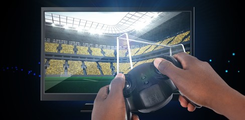 Poster - Composite image of hand of man playing video game against white