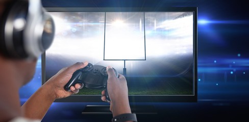 Poster - Composite image of man playing video game against white