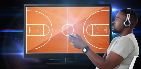 Poster - Composite image of man playing video game against white