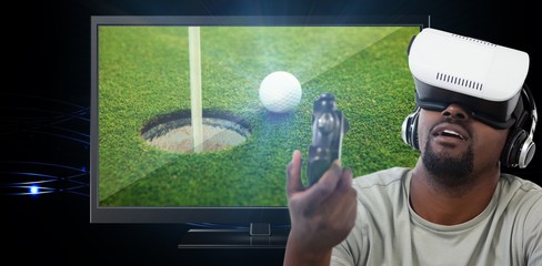 Poster - Composite image of man using virtual reality headset and playing