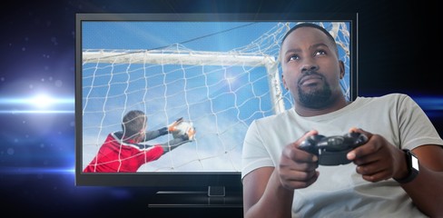 Poster - Composite image of man playing video game against white