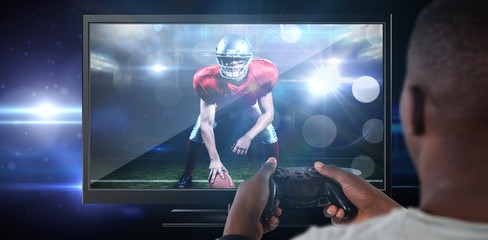 Poster - Composite image of man playing video game against white