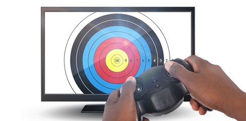 Sticker - Composite image of hand of man playing video game against white