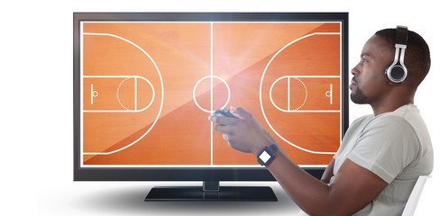 Poster - Composite image of man playing video game against white