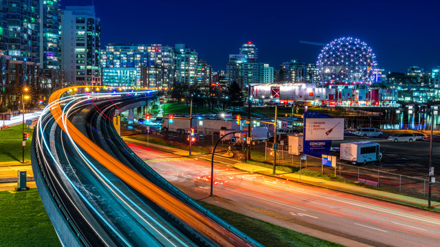 long exposure of downtown vancouver, british columbia, canada. one of the most vibrant city in north