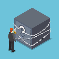 Poster - Isometric thief standing in front of full security safe box.