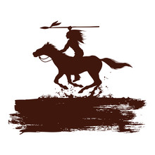 Silhouette Of Native American Indian Riding Horseback With A Spear, Vector