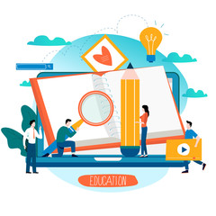 Wall Mural - Education, online training courses, distance education flat vector illustration. Internet studying, online book, tutorials, e-learning, online education design for mobile and web graphics