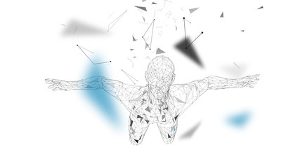 Poster - Conceptual abstract man. Connected lines, dots, triangles, particles on white background. Artificial intelligence concept. High technology vector, digital background. 3D render vector illustration.