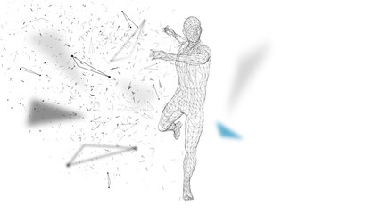 Poster - Conceptual abstract man is doing powerful punch. Connected lines, dots, triangles, particles. Artificial intelligence concept. High technology vector, digital background. 3D render vector illustration