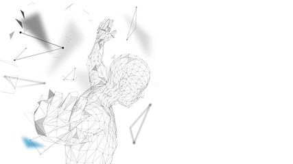 Poster - Conceptual abstract man getting ready to jump. Connected lines, dots, triangles, particles. Artificial intelligence concept. High technology vector, digital background. 3D render vector illustration.