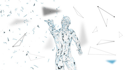 Poster - Conceptual abstract man touching or pointing to something. Connected lines, dots, triangles, particles. Artificial intelligence concept. High technology vector, digital background. 3D render vector