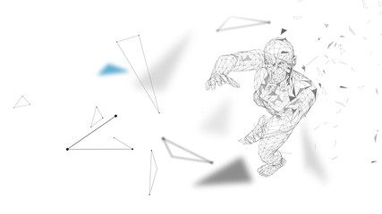 Poster - Conceptual abstract man with hands up. Connected lines, dots, triangles, particles. Artificial intelligence concept. High technology vector, digital background. 3D render vector illustration.