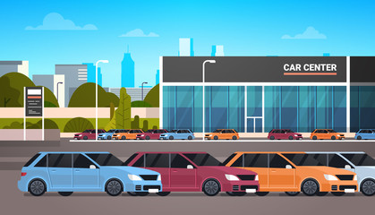 Wall Mural - New Vechicles Over Car Dealership Center Showroom Building Flat Vector Illustration