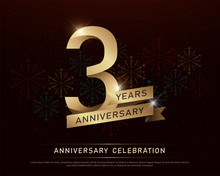 3rd Years Anniversary Celebration Gold Number And Golden Ribbons With Fireworks On Dark Background. Vector Illustration