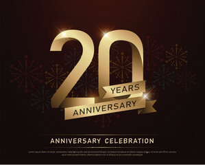 20th years anniversary celebration gold number and golden ribbons with fireworks on dark background. vector illustration