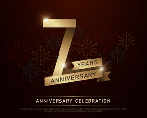 Wall Mural - 7th years anniversary celebration gold number and golden ribbons with fireworks on dark background. vector illustration