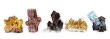 A Row Of Five Crystal Clusters; Mimetite, Aragonite, Smoky Quartz, Barite (Baryte) And Aquamarine With Tourmaline.