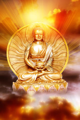 Wall Mural - a statue of buddha over sunrise cloudy sky with rays of sun