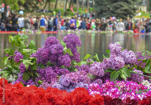 Poster red carnations and lilacs on a marble military memorial