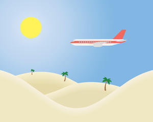 Wall Mural - Airliner flying in the blue sky with the sun shining over a tropical landscape with sand and palm trees -  suitable for advertising on holiday