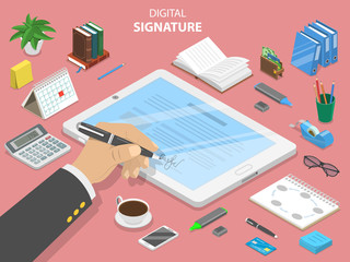 Digital signature flat isometric vector concept. A mans hand is signing a contract on the digital tablet.