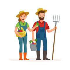 Happy farmers vector flat design isolated on white background. Cartoon characters of man and woman farming concept illustration.