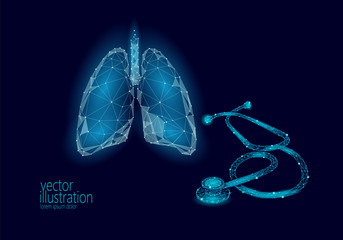 Medicine stethoscope low poly lungs health care World Tuberculosis Day. Polygonal 3D model medical asthma science research doctor nurse equipment vector illustration