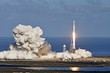 Rocket launch with moon on background. Elements of this image furnished by NASA