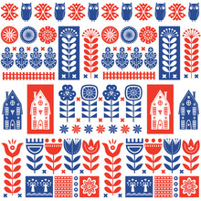 Scandinavian Folk Art Seamless Vector Pattern With Flowers, Trees, Rabbit, Owl, Houses And Elements In Simple Style