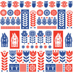 Scandinavian folk art seamless vector pattern with flowers, trees, rabbit, owl, houses and elements in simple style