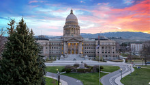 Idaho state capital with sunrise and clouds