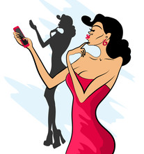 Glamorous Lady In Red Dress And Red Shoes Makes Selfie