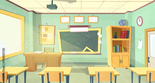 Vector cartoon background with empty school classroom ...