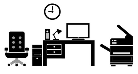 Sticker - Bureau de travail : horloge, chaise, table, ordinateur et imprimante  