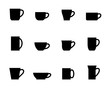 Set of cups isolated on white. Different shapes of cups. Collection of mugs. Elements for your kitchen or cafe design. Black silhouettes of cups.