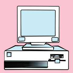 Poster - Old retro vintage antique hipster obsolete stationary personal computer with a system unit and a flop bottom on a pink background. Vector illustration